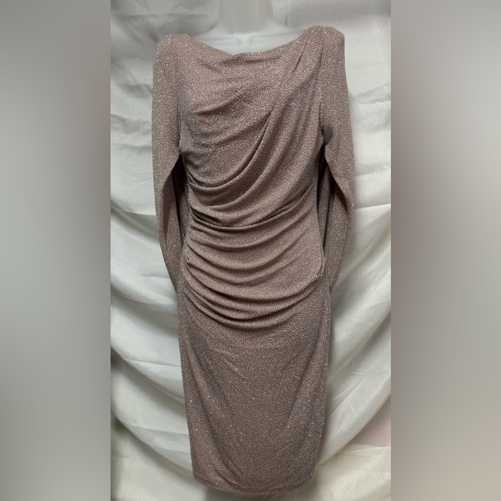 Betsy & Adam Beige Sparkle Cape Sleeve Dress